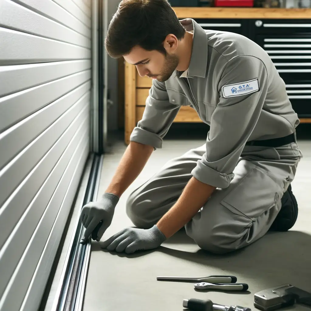 technician installing a new bottom seal on a garage door